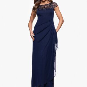 ⭐️ XSCAPE Women’s Boat-Neck Draped Long Sheath Gown – Navy – Size 16 NWT ⭐️